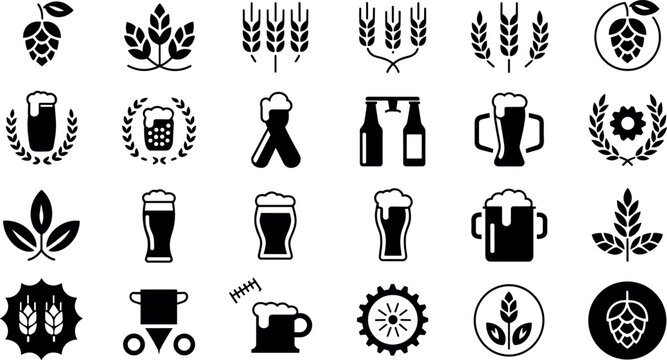 Craft beer brewing industry icons set featuring hops, barley, wheat ears, beer glasses, mugs, and brewery equipment