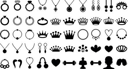 Jewelry and royal accessories vector icon set containing rings, crowns, necklaces, earrings, and gem symbols isolated on white background  © Raju