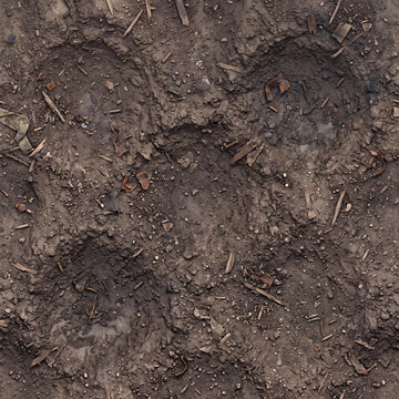 Bomb craters on muddy ground texture background, rustic battlefield soil backdrop with artillery explosion impacts and dry twigs for military game environment