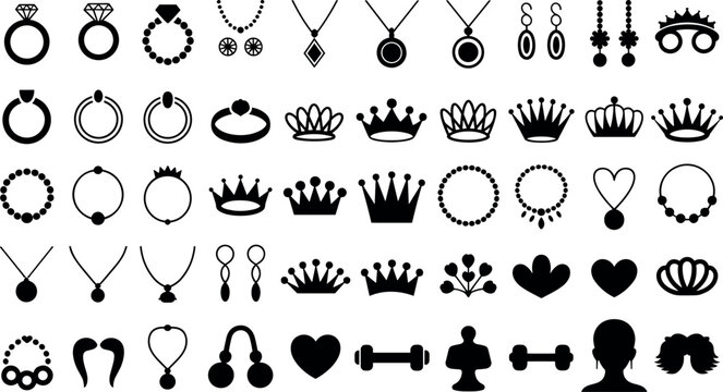 Jewelry and royal accessories vector icon set containing rings, crowns, necklaces, earrings, and gem symbols isolated on white background 