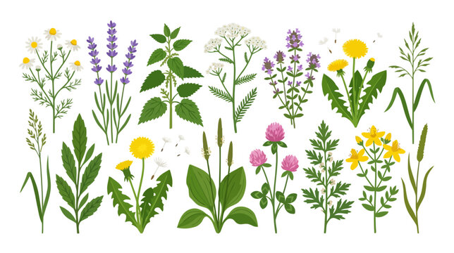 Collection of Medicinal Herbs and Wildflowers on White Background