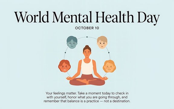 World mental health day concept illustration featuring a meditating person surrounded by various emotional face icons