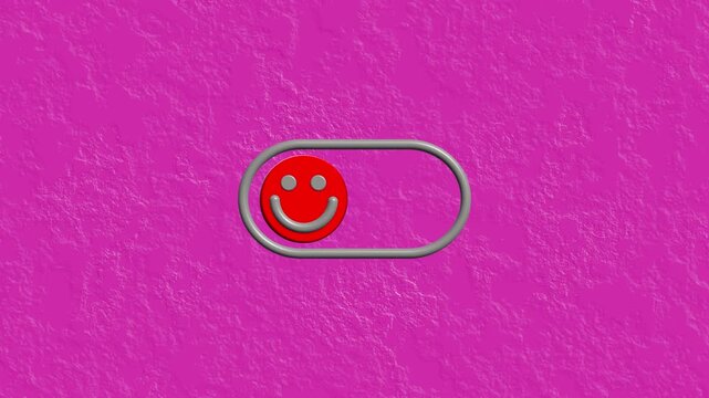 Interactive toggle switch animation with happy and sad emoticons on pink background, button interface
