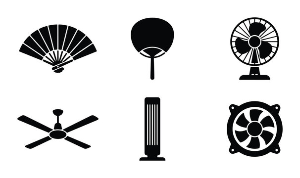 Cooling fan silhouettes set with traditional fan, desk fan, ceiling fan, tower fan and computer fan for air circulation