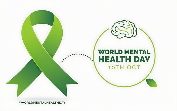 Green ribbon symbol for world mental health day awareness campaign with brain icon on white background