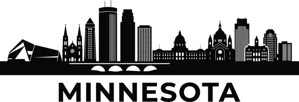 A minimalist black and white silhouette graphic featuring the iconic skyline of minneapolis minnesota city architecture