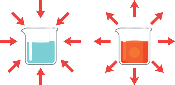 Endothermic and Exothermic Chemical Reaction Vector Diagrams Explaining Heat Absorption and Release in Beakers with Arrows for Science Chemistry Education