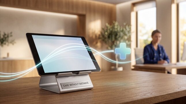 Digital tablet displaying medical telehealth service concepts in modern professional office workspace environment