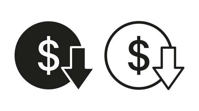 Dollar price decrease icon with down arrow in black and outline circle style design
