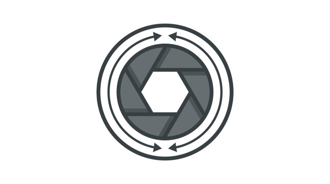 Aperture shutter icon with rotating arrows symbolizes the mechanism of light control in photography.