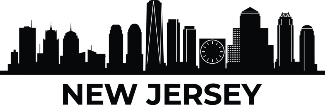 A minimalist black silhouette of the new jersey city skyline isolated on a plain white background
