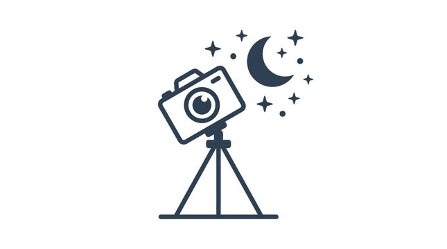 Camera on a tripod pointed toward a crescent moon and stars represents night sky photography and long exposure astrophotography techniques.