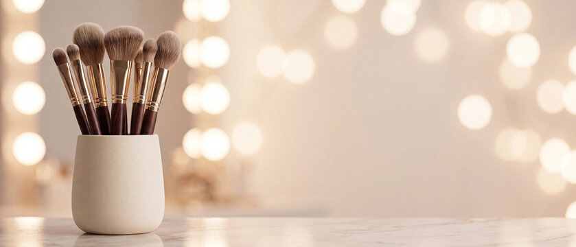 Makeup brushes in a holder on a marble table with blurred vanity lights in the background