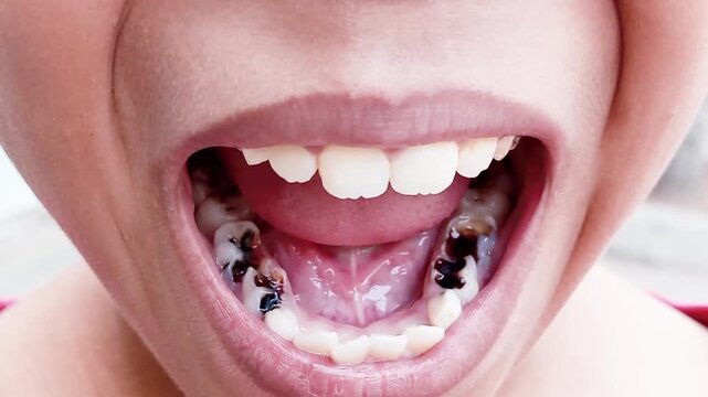 A child's lower molars are more prone to cavities because their surface anatomy features deep grooves, and their position in the mouth makes them the most frequent site for food debris accumulation.