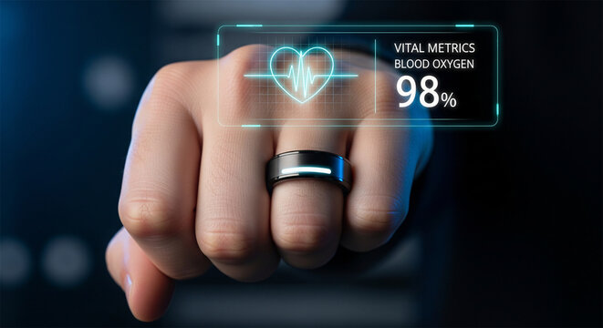 Smart ring wearable device tracking vital metrics, futuristic health tracker on hand monitoring blood oxygen and heart rate