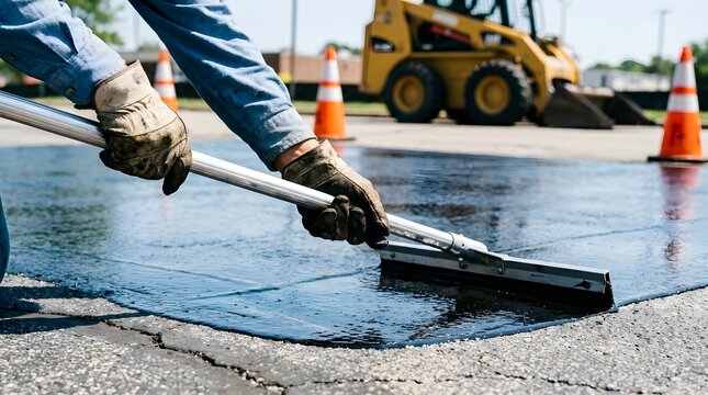 Construction worker spreading black protective sealant on asphalt road using a squeegee tool