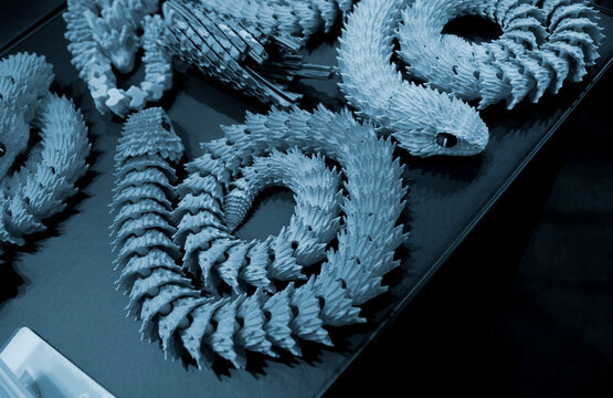 Art models printed on 3D printer. Different objects created on 3D printer from molten plastic. 3D printed different objects. Modern new modern additive progressive technologies. 3D printing technology