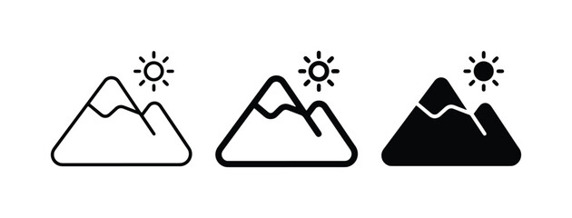 Mountain Landscape Icons, Sun Icons, Outline and Silhouette Vector Graphics for Nature and Outdoor Themes © Sohana