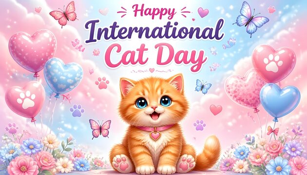 Cute Happy Cat with Balloons Greeting Card for International Cat Day.