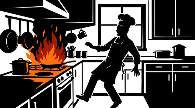 Silhouette of a chef panicking as fire erupts from a pan on the stove in a high contrast black and white scene