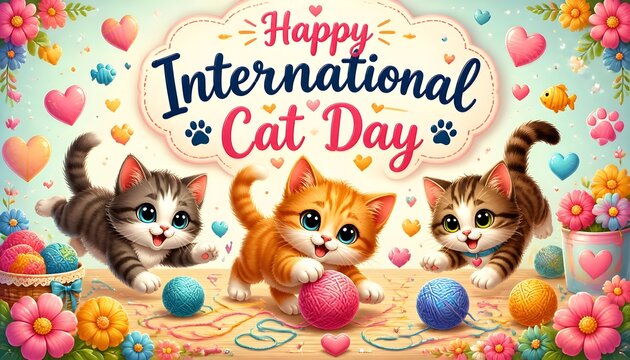 Playful Kittens with Yarn Balls Greeting Card for International Cat Day.