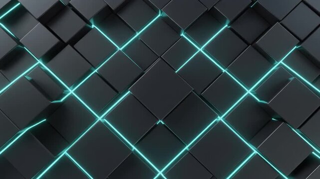Top down view of futuristic dark 3D cubes with glowing cyan neon light grid lines and a bright white glowing rectangle portal in the center.