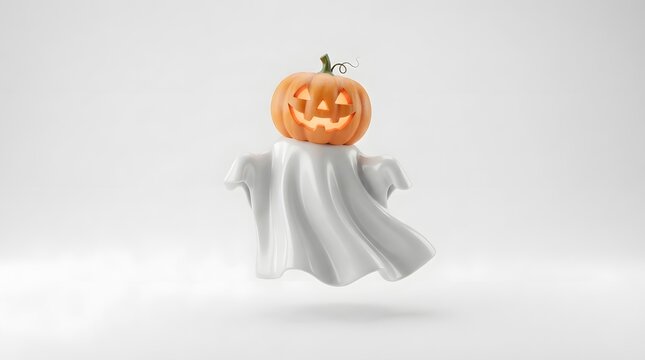 3d render of a ghost with a jackolantern pumpkin head isolated on white background