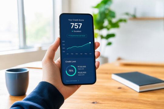 Gen Z hand holding smartphone showing financial app with rising credit score graph 757 and credit limit indicator modern banking lifestyle minimal interior financial literacy technology