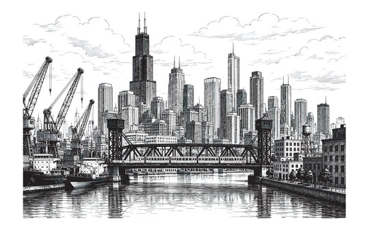 Vector Urban Cityscape with Bridge, Cranes, and Skyscrapers for Architecture and Infrastructure