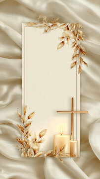Frame with a cross and ornate religious frames and ethnic decorative leaves. Perfect for Easter cards, Christmas cards, and baptism cards..