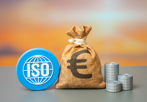ISO logo and euro money bag. International standard Global business criteria that improve efficiency, safety, and quality.