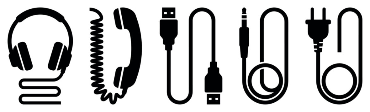 Cable and connector icons set. Electronic device connection concept. Includes headphones, telephone receiver, USB cable, audio jack, power plug. Solid black silhouette style