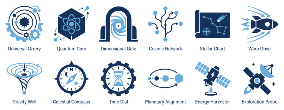 Space and science icons set. Advanced technology and cosmic exploration concept. Includes orrery, quantum core, dimensional gate, cosmic network, stellar chart, warp drive, gravity well,