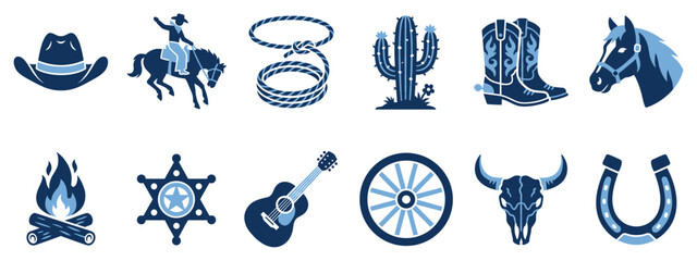 Fototapeta premium Wild West icons set. Cowboy and rodeo concept. Includes cowboy hat, rider on horse, lasso, cactus, boots, horse head, campfire, sheriff badge, guitar, wagon wheel, bull skull, horseshoe