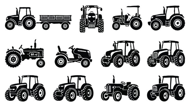 Tractor silhouette icons set modern farm tractors and lawn mowers isolated on white