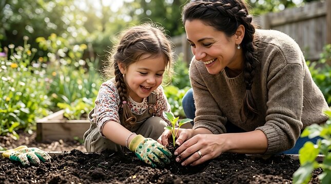 Mother and daughter planting a young green seedling together in a sunny backyard garden soil
