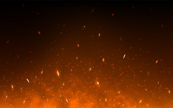 Fire sparks background with glowing embers. Floating ash with burning particles on dark backdrop. Bright flame effect for banner, gaming or cinematic design. Vector Illustration.