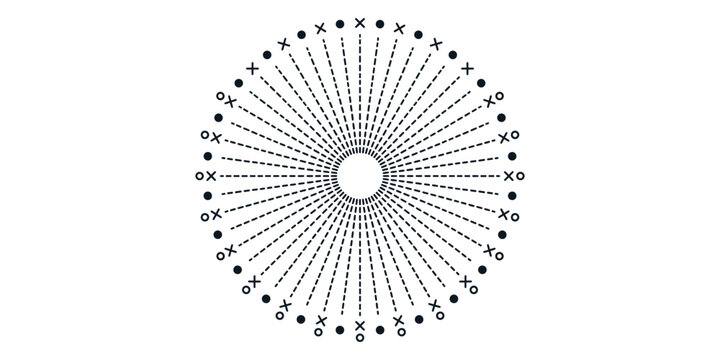 Circular radial dashed line pattern with dots and crosses, geometry