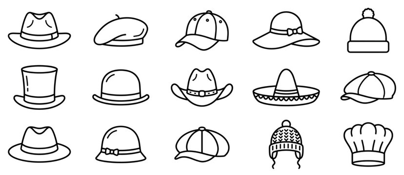 Headwear icons set. Fashion and accessory concept. Includes fedora, beret, baseball cap, sun hat, beanie, top hat, bowler, cowboy hat, sombrero, flat cap, cloche hat, trapper hat, chef hat