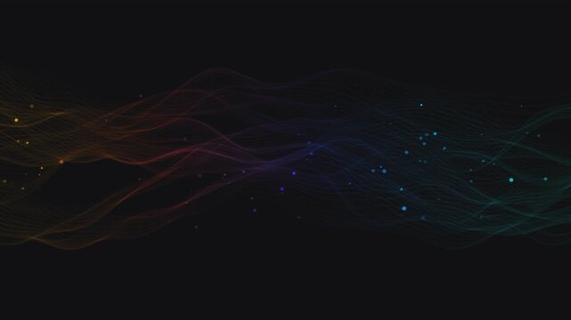 Abstract rainbow digital wireframe waves with glowing particles flowing across black background art.