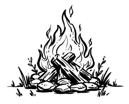 Campfire line art, bonfire illustration, camping wood fire, hand drawn flame, outdoor adventure, survival, nature sketch, burning logs
