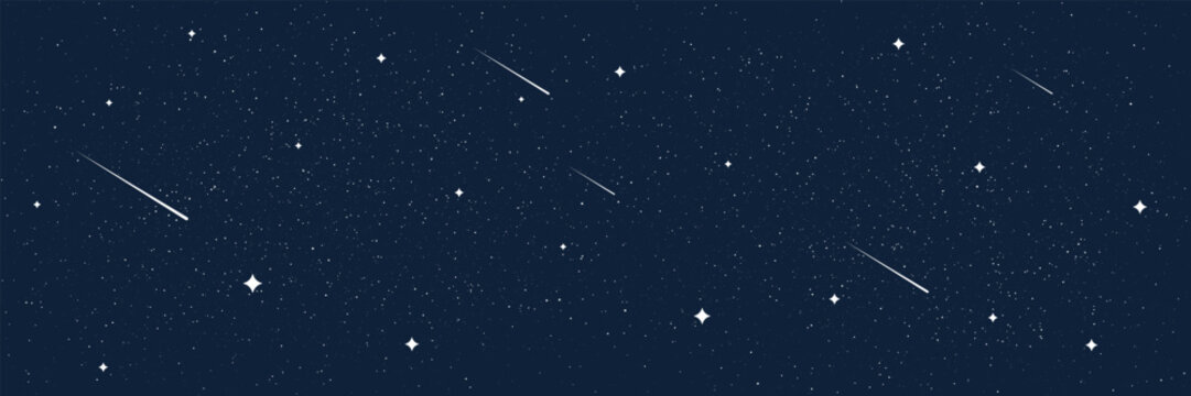 Starry night sky background with shining stars and shooting meteors. Cosmic galaxy wallpaper for astronomy, space, fantasy or science theme. Milky Way texture. Vector Illustration.