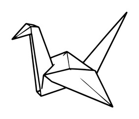 Fototapeta premium Hand-traced origami crane vector icon illustration, minimalist black line drawing of a folded paper bird with angular wings and long tail on white background, simple outline sketch style