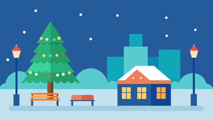 Fototapeta premium Snowy Christmas Town Square Flat Vector Illustration