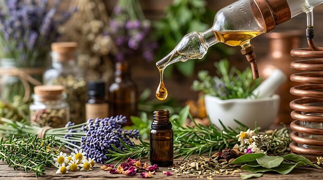 Essential oil extraction process from fresh herbs using a copper distillation apparatus setup