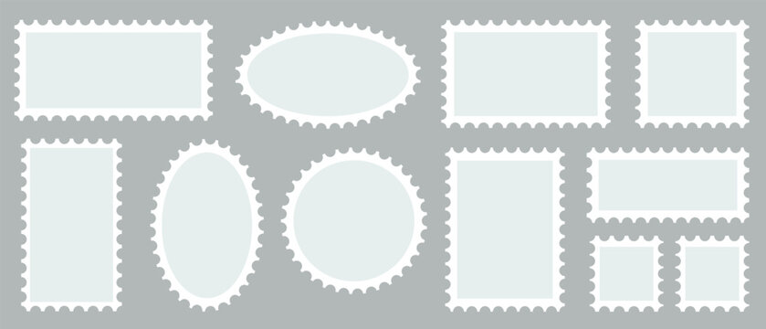 Blank postage stamp frames vector set with perforated edges in rectangle circle oval and square shapes for post card mockups and letter mail design