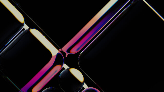 Abstract dark glassmorphism background. Transparent 3D tiles with colorful neon refraction for UI design. 3d rendering illustration not AI	