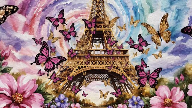 Colorful watercolor depiction of the Eiffel Tower surrounded by blooming flowers and a swirling sky