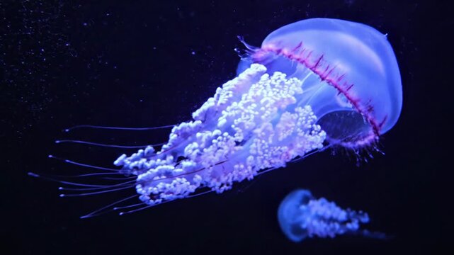 Bioluminescent blue jellyfish drifting in deep black ocean water featuring a translucent bell with red fringe detail and complex white stinging tentacles in dark sea.