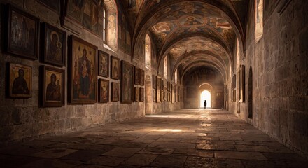 Fototapeta premium Dramatic interior of an ancient stone monastery hallway adorned with religious icons and frescoes, featuring a lone silhouette standing in a glowing doorway